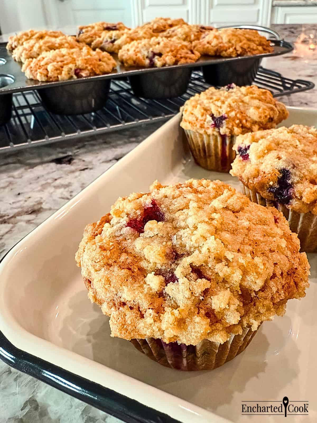 Blueberry Muffins with Streusel Crump Topping in a white pan.