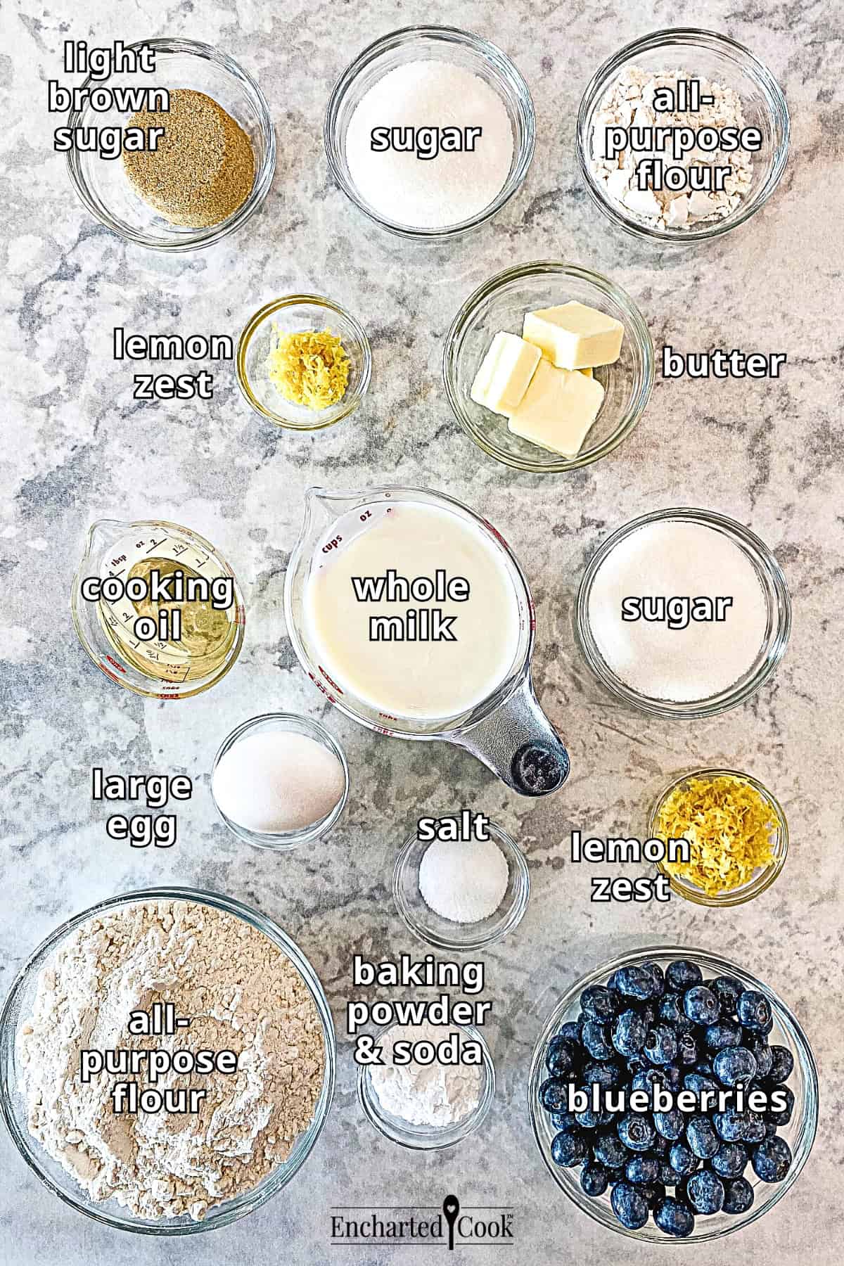 The ingredients flor the streusel topping and the blueberry muffins: Light brown sugar, sugar, all-purpose flour, butter, lemon zest, cooking oil, whole milk, sugar, lemon zest, salt, large egg, all-purpose flour, baking powder and soda, and blueberries.