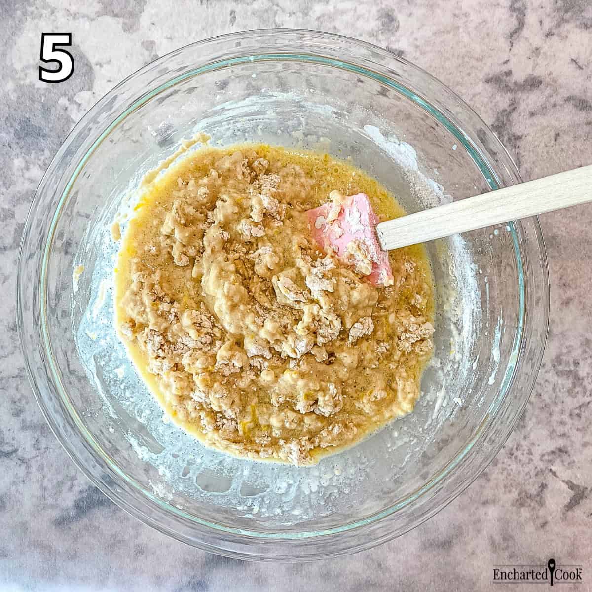 Process Photo 5 Mixing the wet ingredients into the dry until just barely blended.