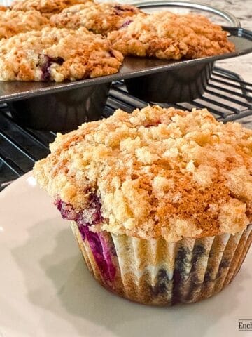 Blueberry Muffins with Streusel Crump Topping on a white dish.