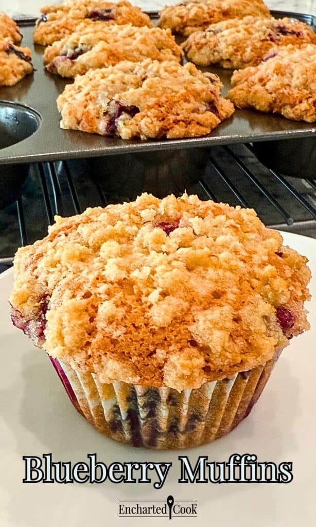Blueberry Muffins with Streusel Crump Topping on a white plate with text overlays.