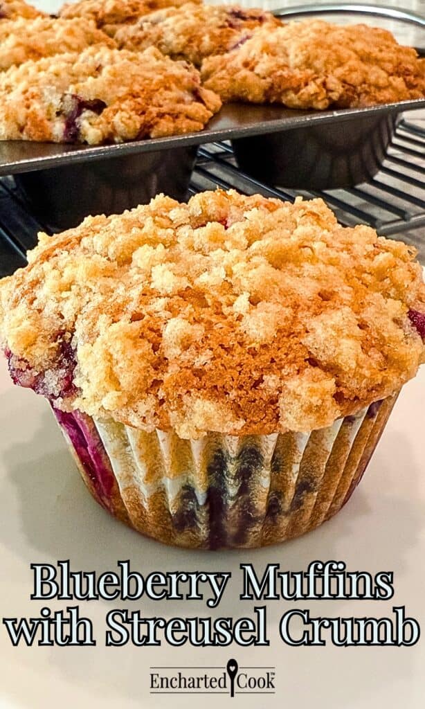 Blueberry Muffins with Streusel Crump Topping on a white plate with text overlays.