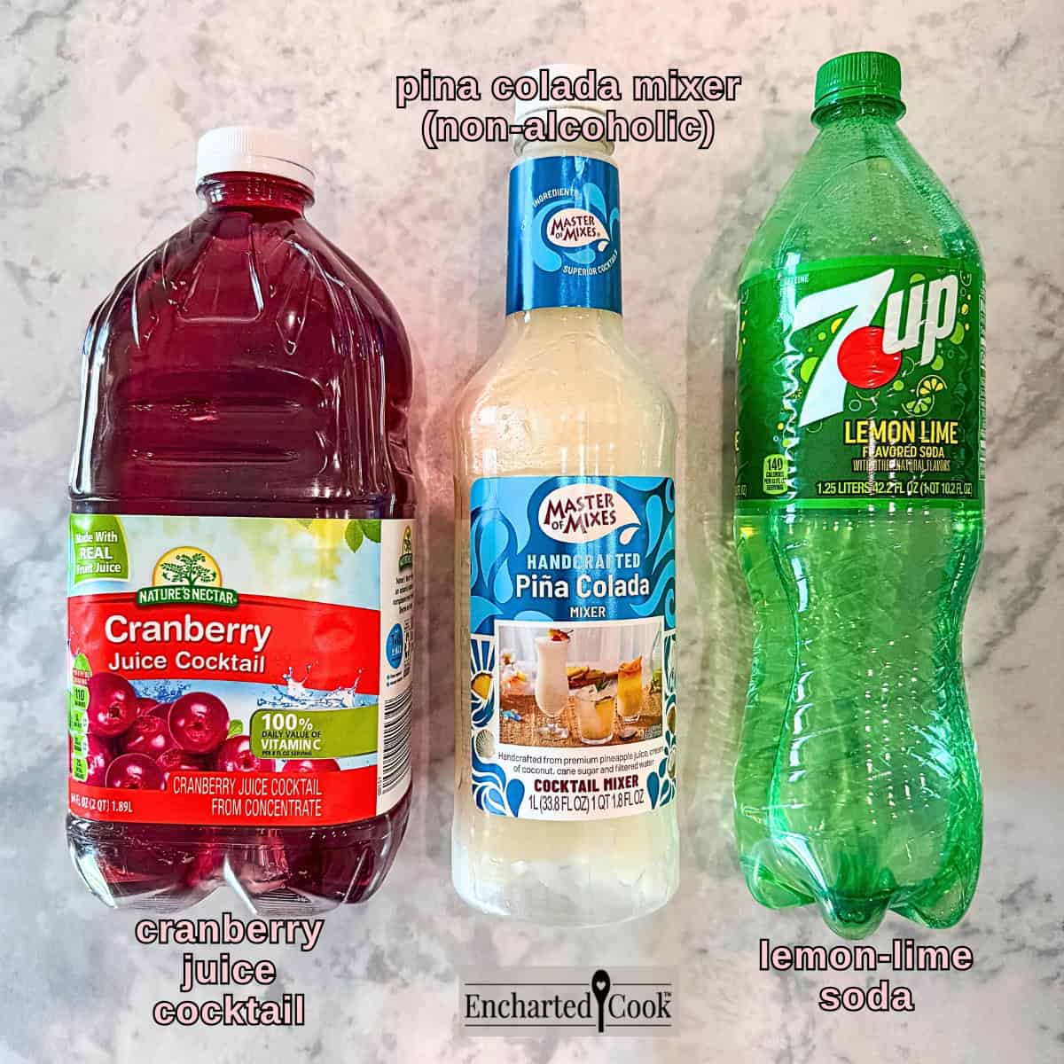The ingredients, from left to right: cranberry juice cocktail, pina colada mixer, and lemon-lime soda.