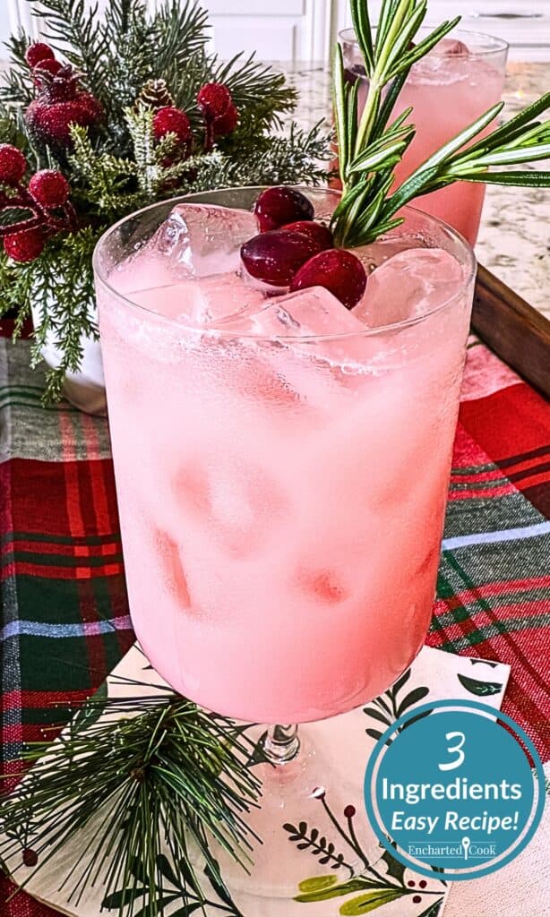 Cranberry Pink Drink garnished with cranberries and rosemary with text overlays.