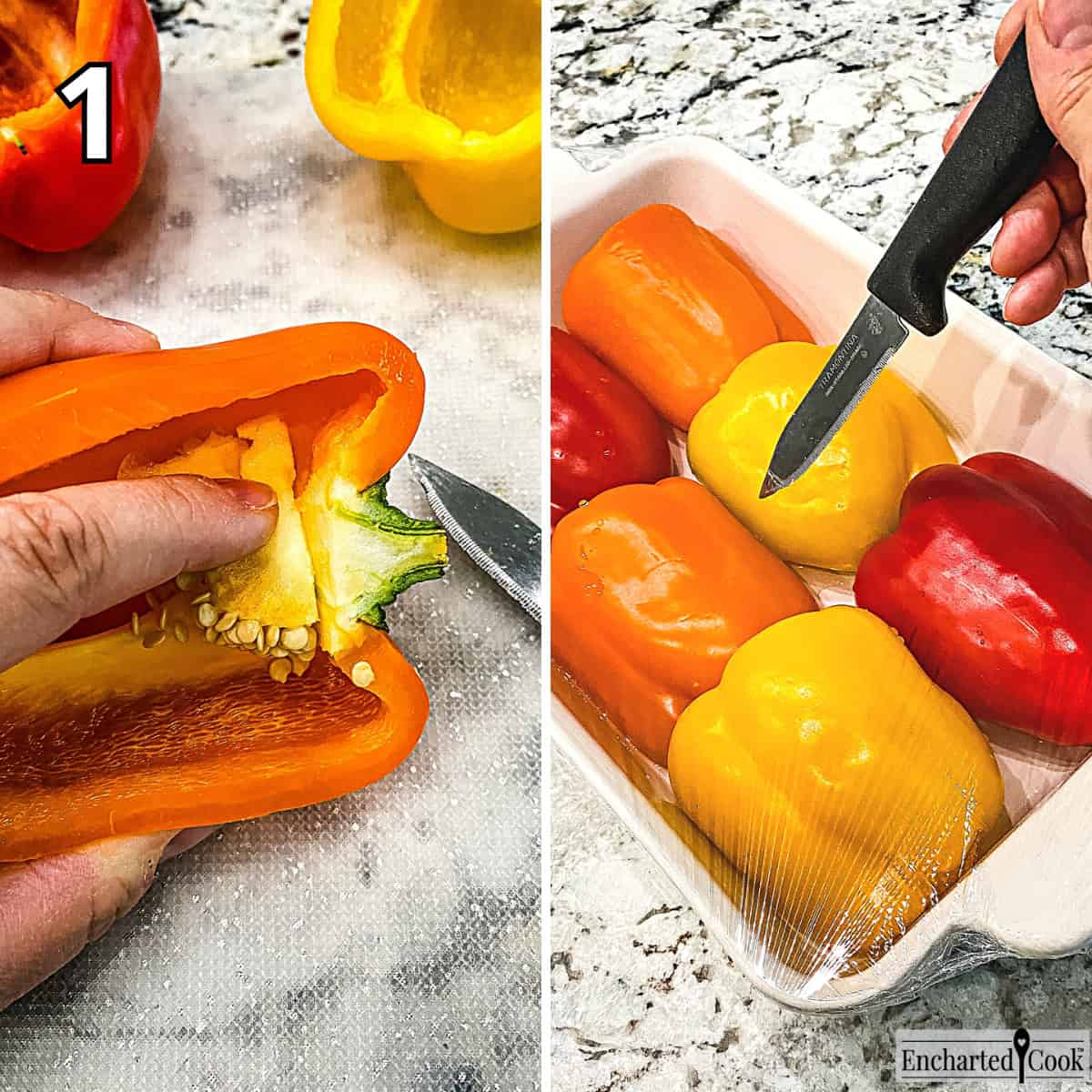 Process Photo 1 - Preparing the bell peppers to steam them in the microwave.