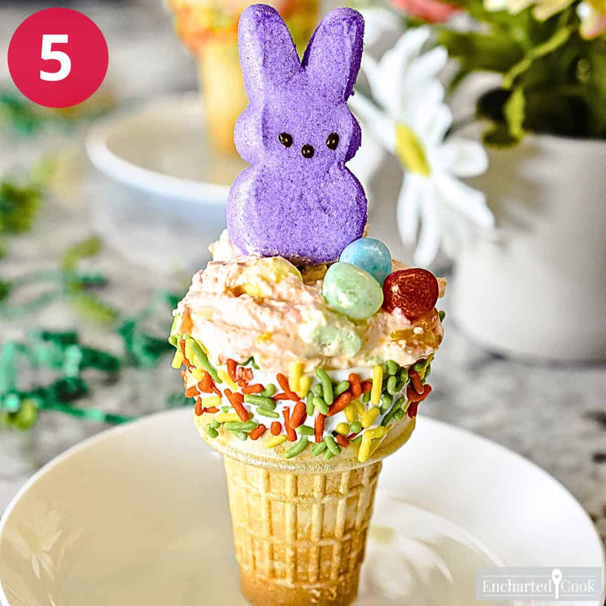 Process Photo 5 - Decorate each filled cone with a marshmallow bunny and 3 small jelly beans.