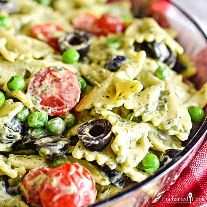 Green goddess pasta salad in a clear bowl ready to serve.