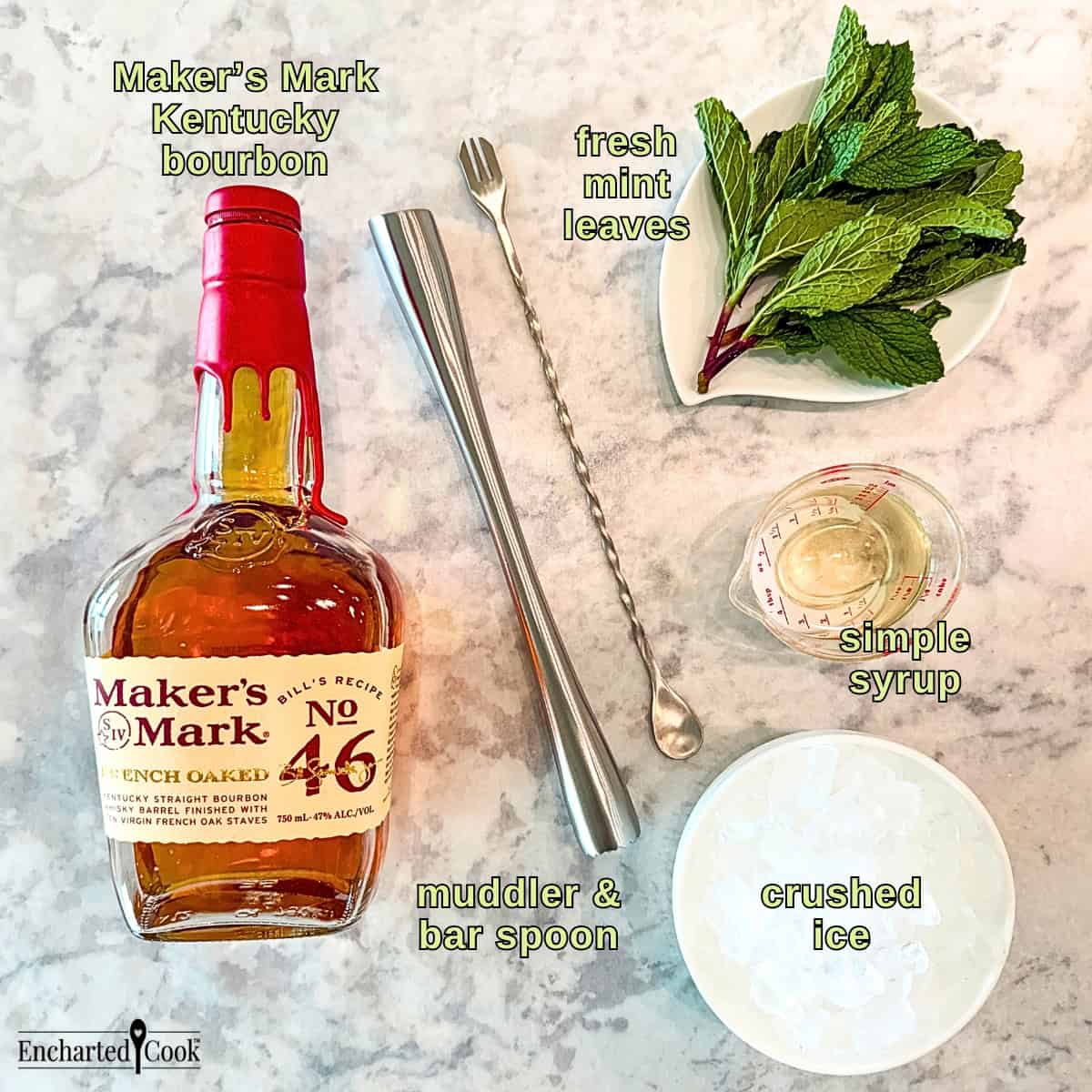 Maker's Mark Mint Julep Ingredients & Special Tools - Maker's Mark Kentucky bourbon, fresh mint leaves, simple syrup, crushed ice, and a muddler and bar spoon.