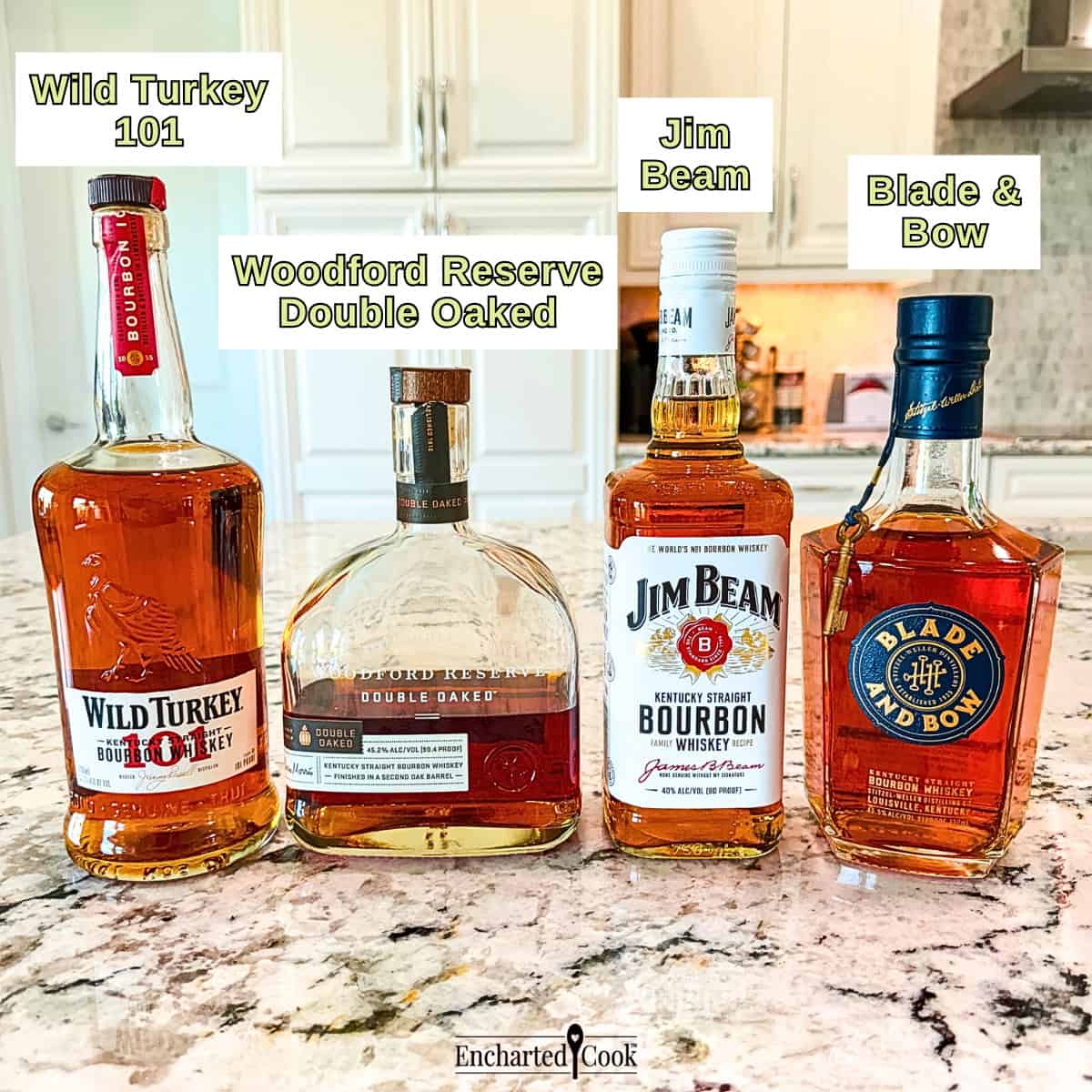Substitutions for Maker's Mark Kentucky Bourbon, from left to right: Wild Turkey 101, Woodford Reserve Double Oaked, Jim Beam Bourbon, and Blade and Bow.