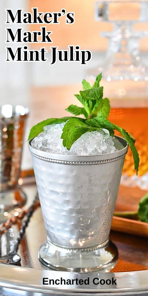 Mint leaves, a decanter of Kentucky bourbon, and a mint julip in a mint julip cup on a silver tray with text overlays.