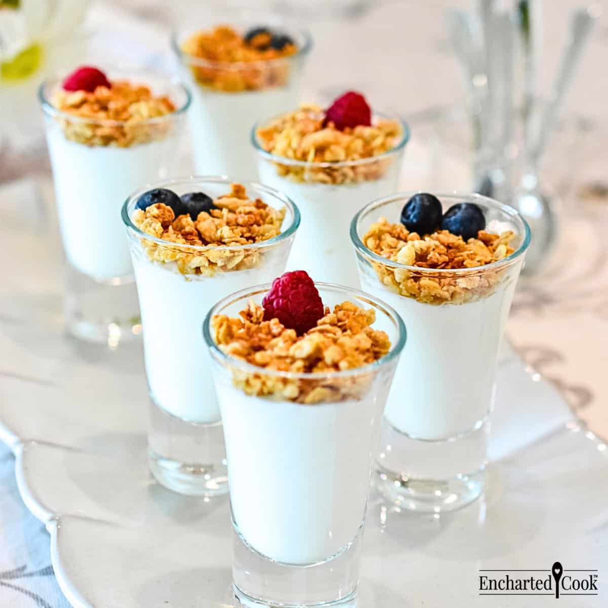 Greek Yogurt Shooters on a light gray tray.