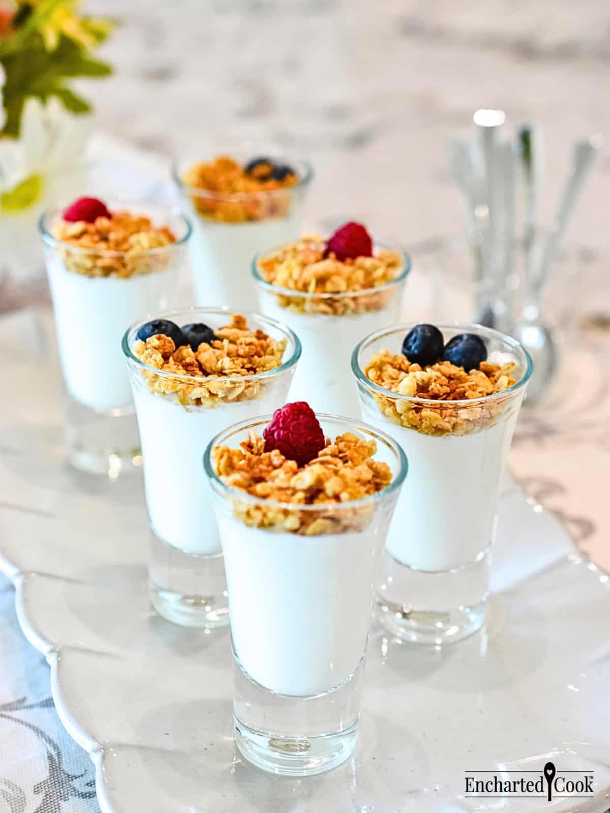 Greek Yogurt Shooters on a light gray tray.