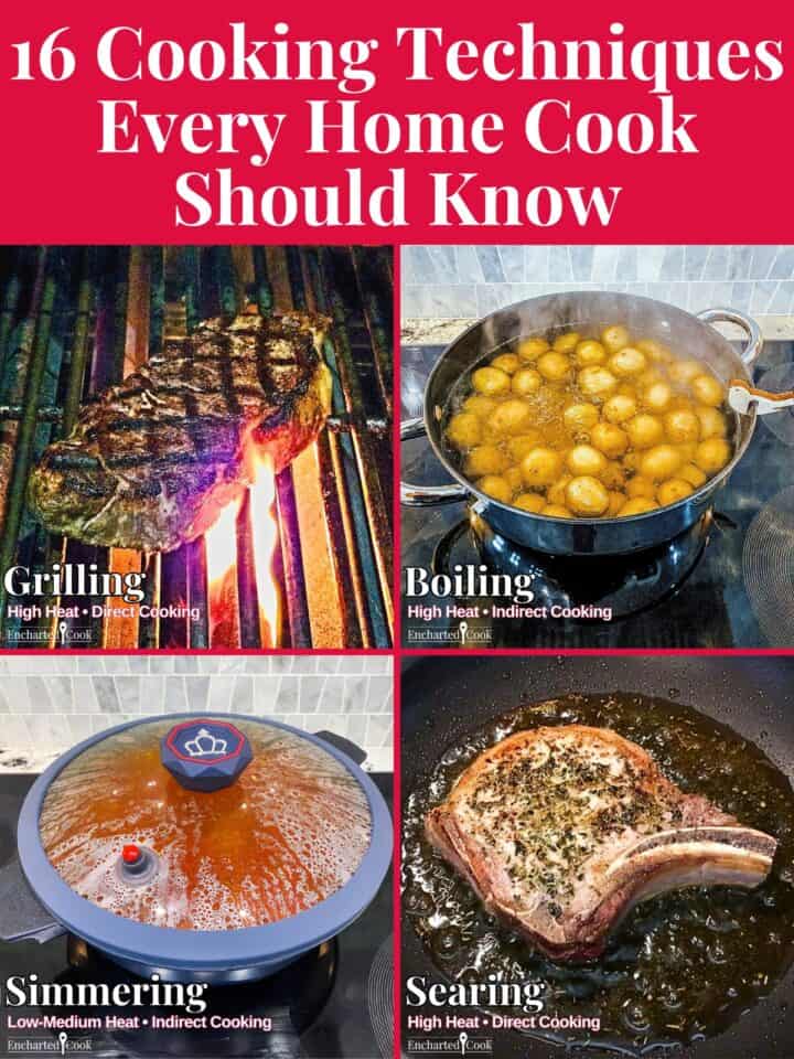 A collage of 4 images for the post "16 Cooking Techniques Every Home Cook Should Know" with text overlay.