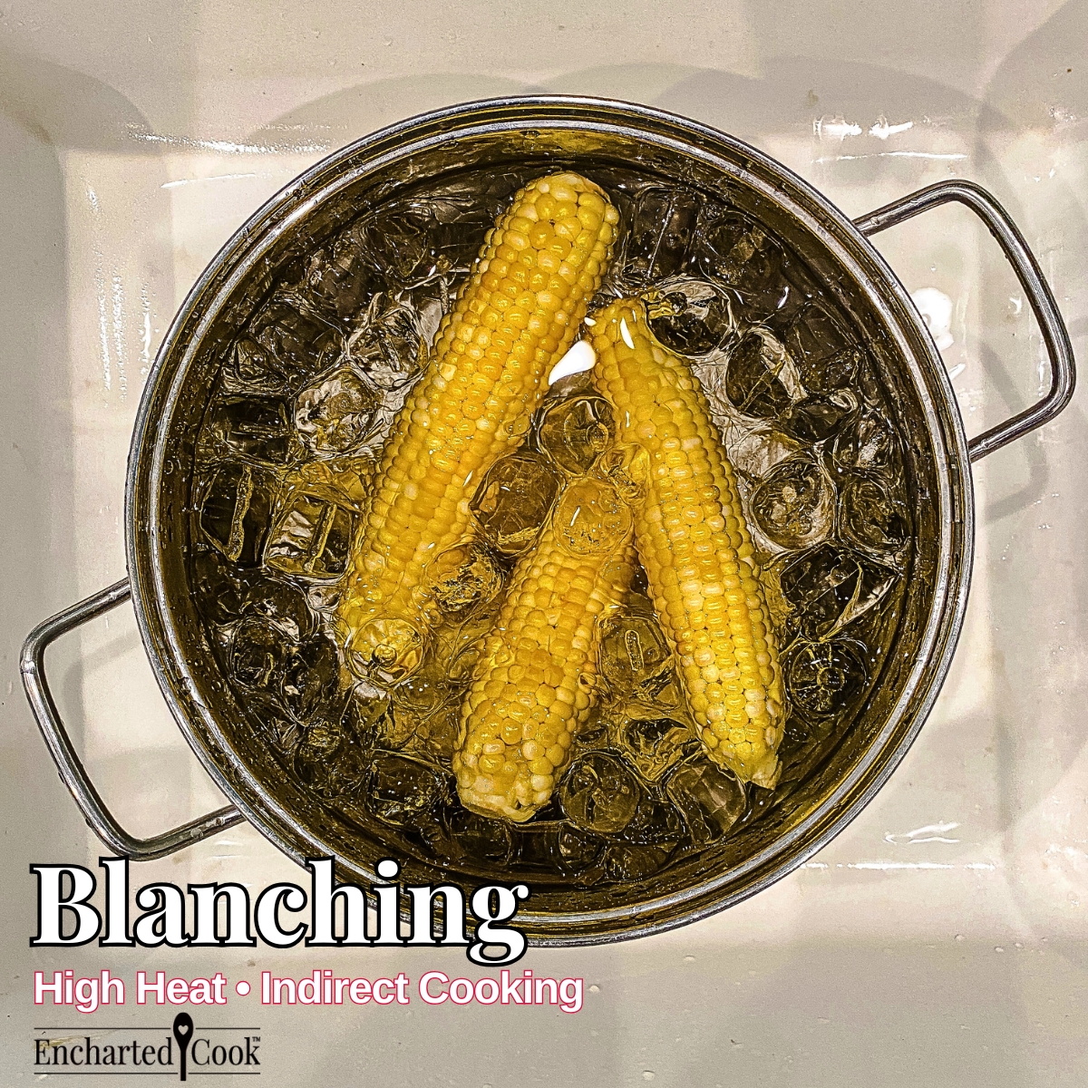 Blanching: Image of quickly cooked corn being plunged into ice water to stop the cooking and preserve the bright yellow color and sweetness of the vegetable with text overlays.