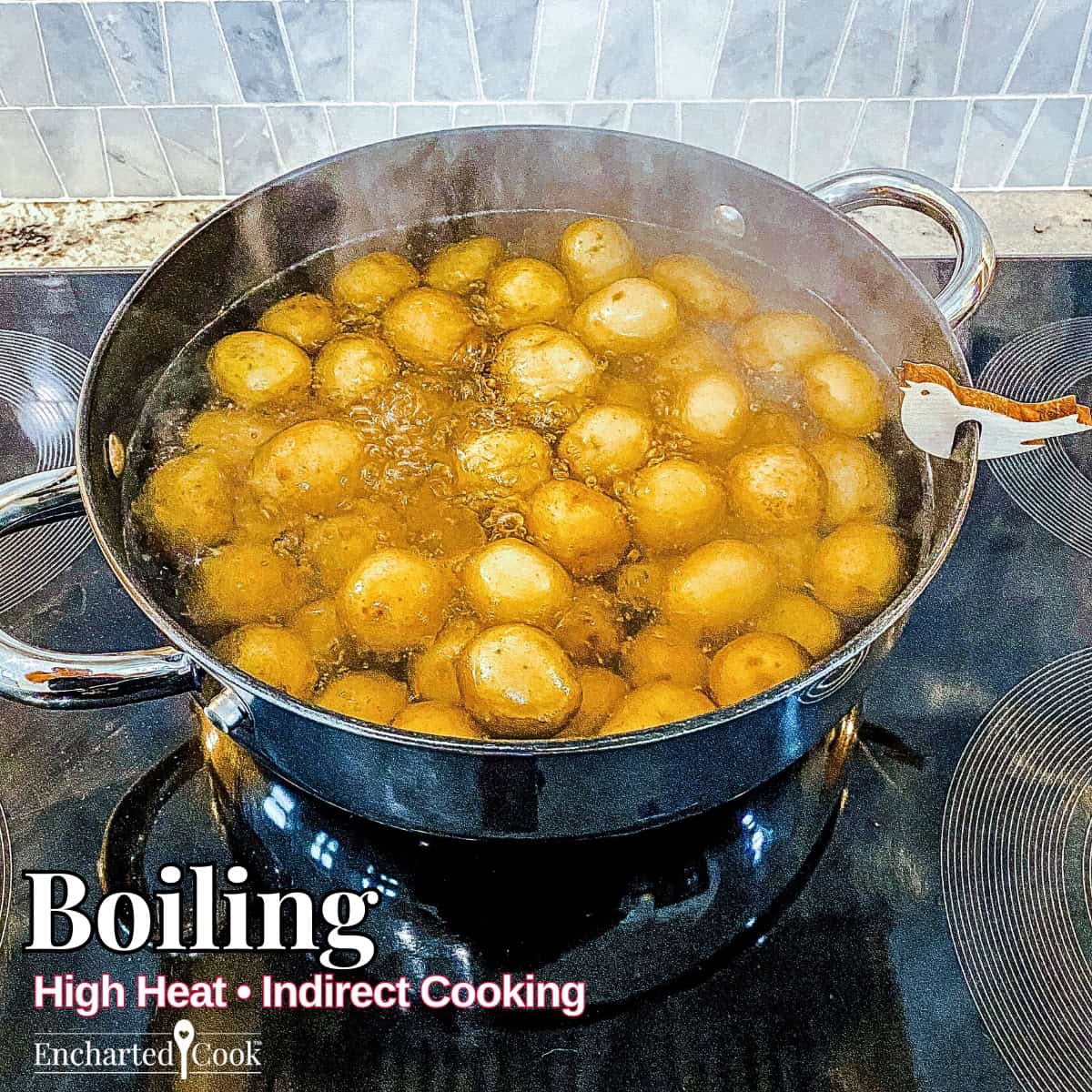 Boiling: Potatoes boiling in water in a large pot on a cooktop with text overlays.