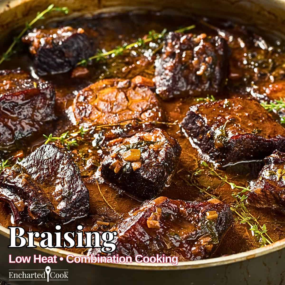 Braising: An uncovered pan of boneless short ribs with a rich sauce with text overlays.