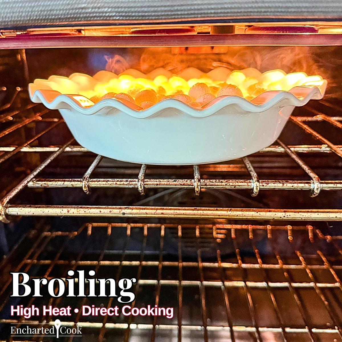 Broiling: Pan of food beneath a broiler for direct high heat cooking with text overlays.