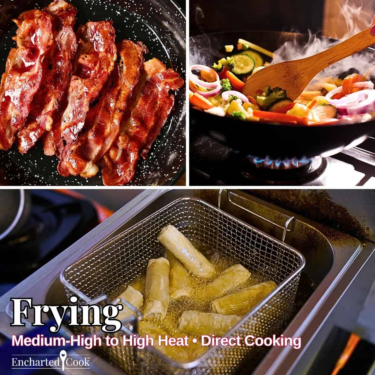Frying: A 3-image collage of bacon frying, vegetables stir frying, and egg rolls deep frying with text overlays.