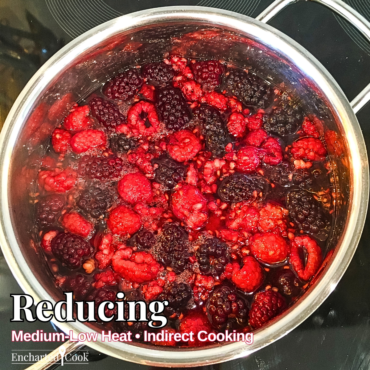 Reducing: An image of blackberries, raspberries, and red wine being reduced with text overlays.