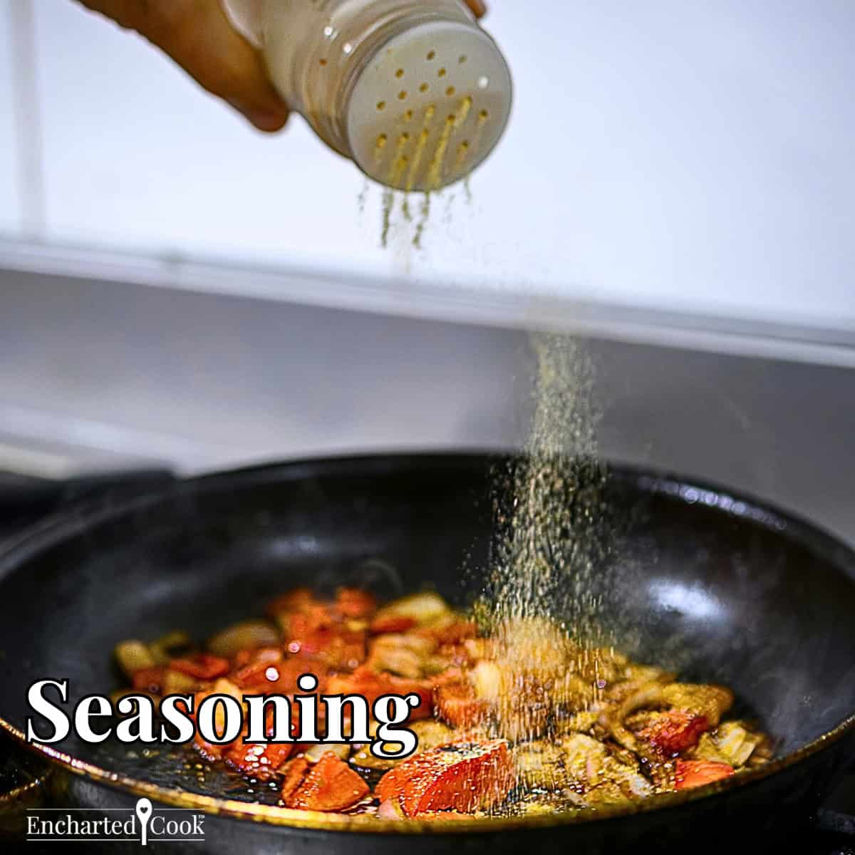 Seasoning: Seasoning is being sprinkled over food in a pan with text overlays.