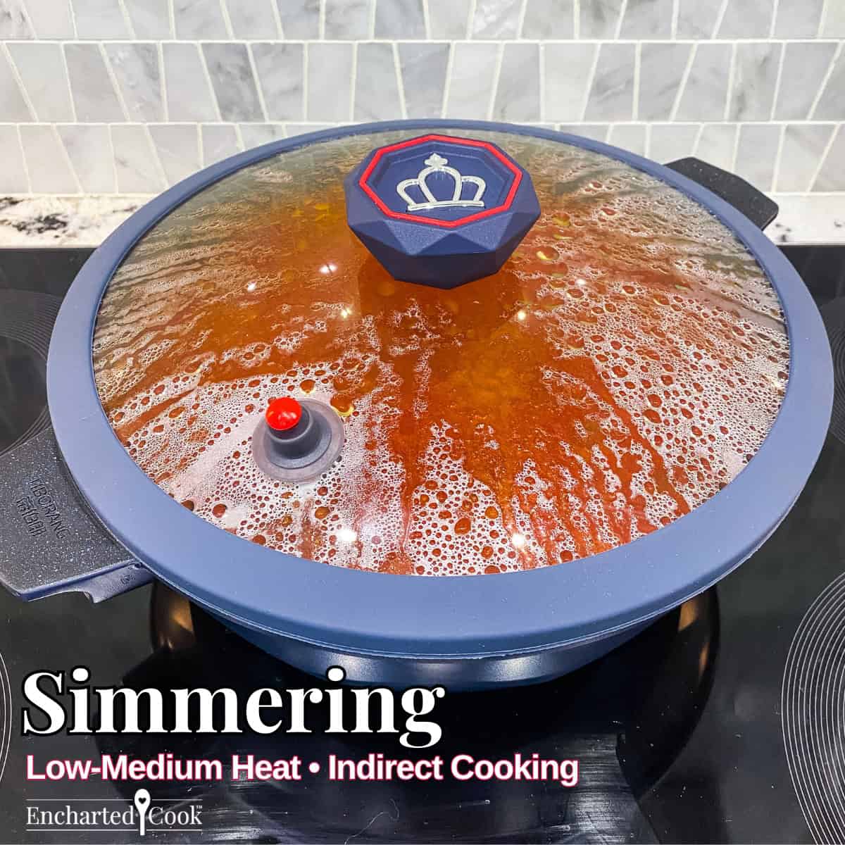 Simmering: An image of a red sauce is being simmered in a pan covered with a glass lid with text overlays.