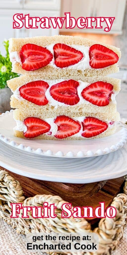Three Strawberry Sando on a white plate, sitting on a wooden tray with wicker trim with text overlays.