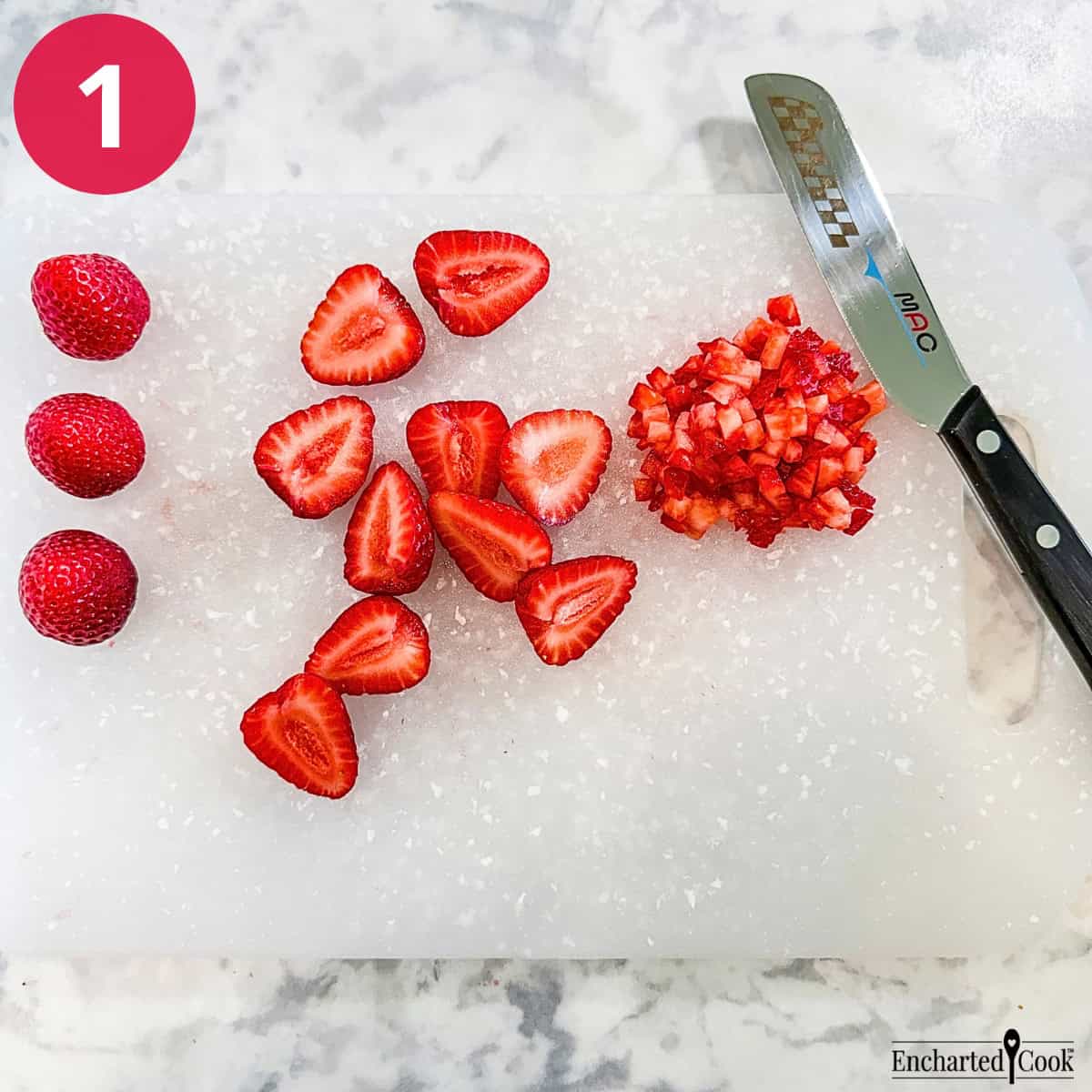 Process Photo 1 - Prepare strawberries. Hull, slice in half, and chop some.