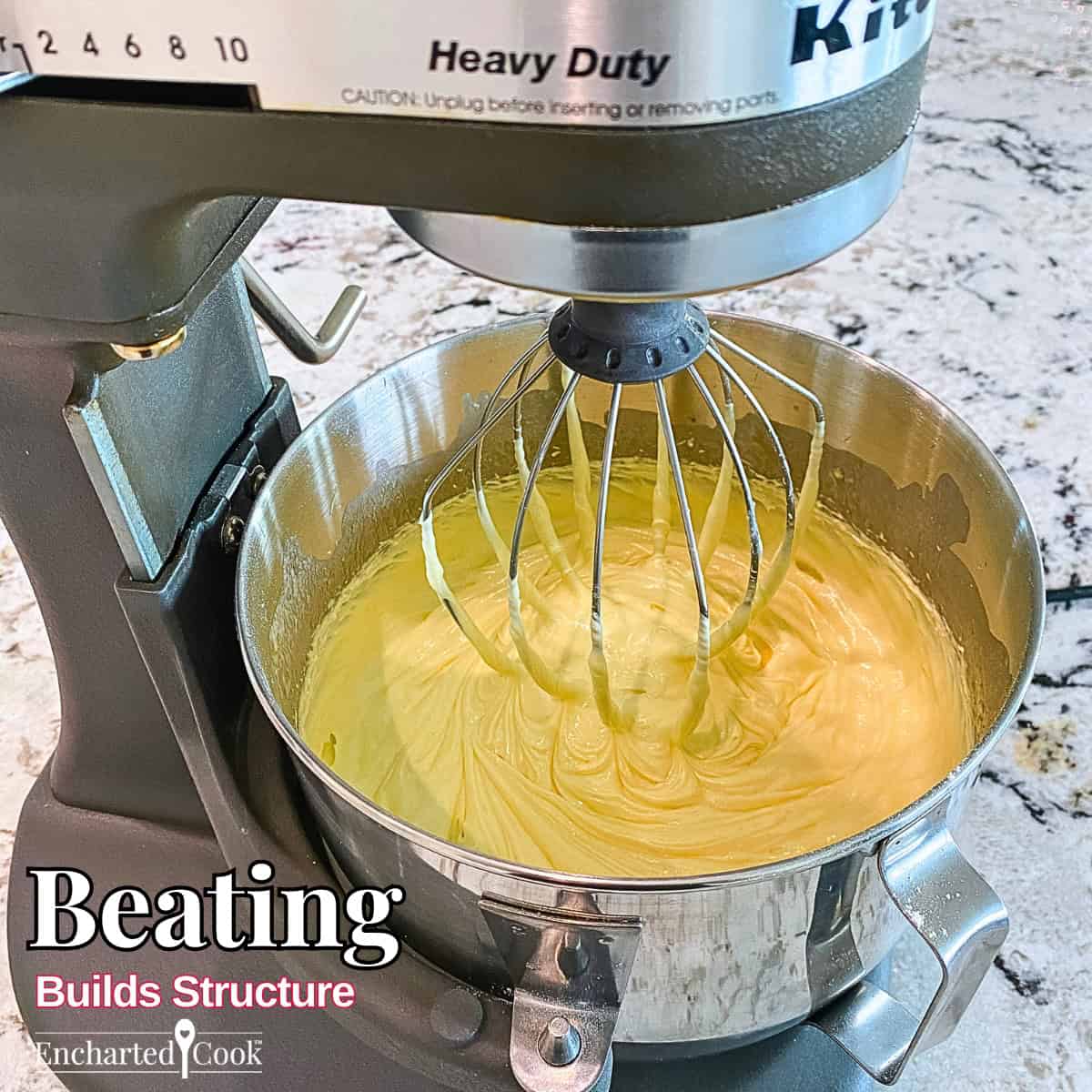 Beating: A cake batter beaten in the bowl of a stand mixer with text overlays.