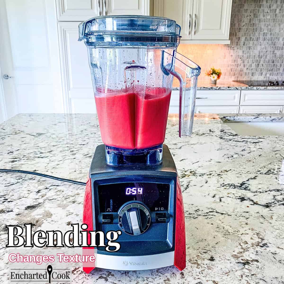Blending: A thickened red liquid in a blender with text overlays.