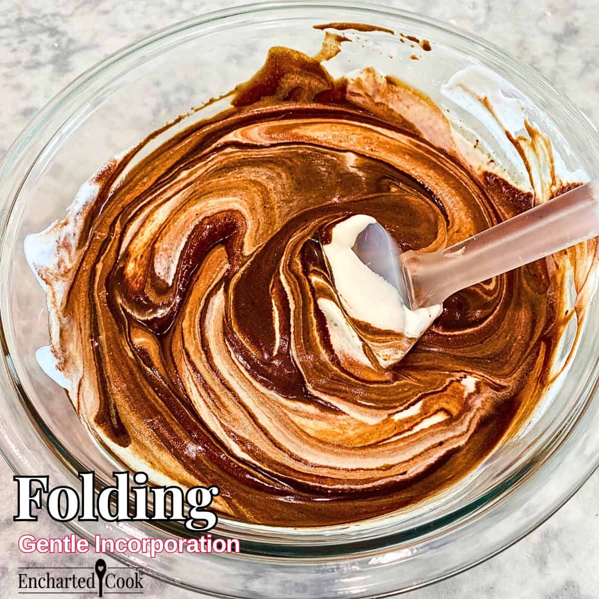 Folding: An image of chocolate being folded into a bowl of whipped cream with a silicone spatula with text overlays.