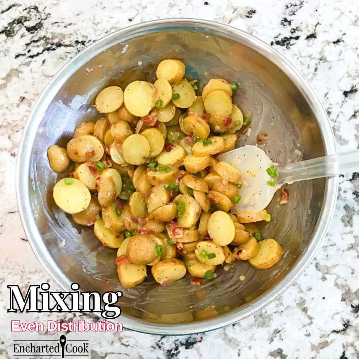 Mixing: An image of a large bowl of sliced cooked potatoes being mixed with a dressing, bacon bits, and sliced green onions with text overlays.