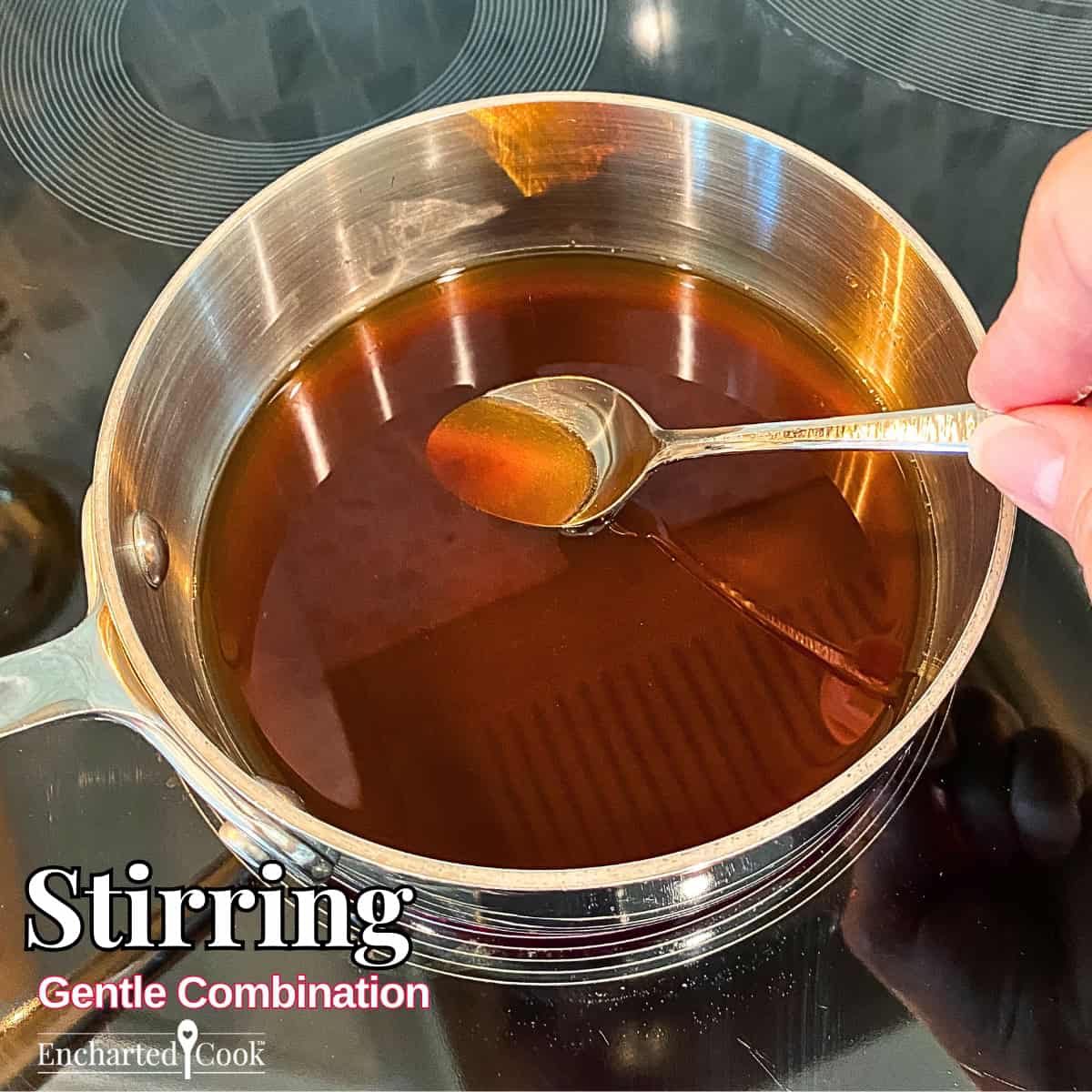 Stirring: An image of liquid and sugar being stirred in a saucepan with a small spoon with text overlays.