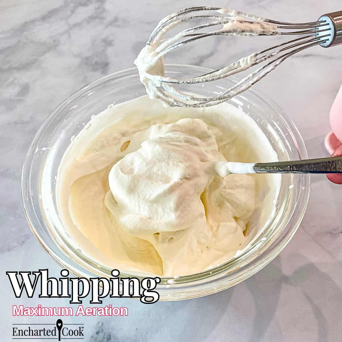 Whipping: An image of cream being whipped to stiff peaks with text overlays.
