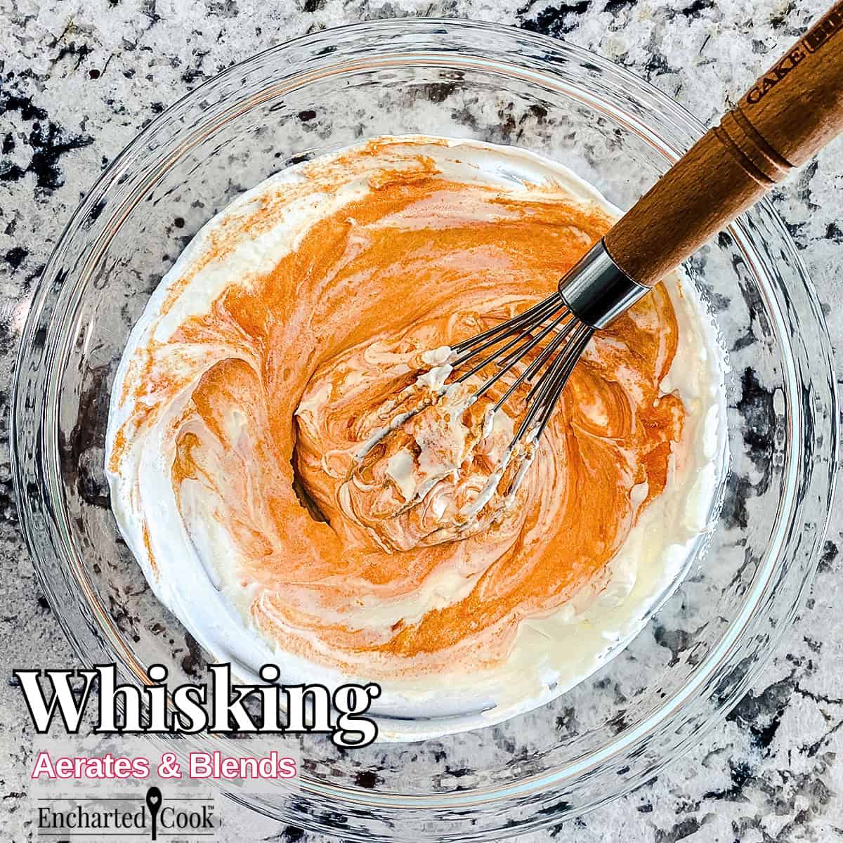 Whisking: An image of dry orange gelatin being whisked into whipped topping with text overlays.