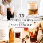 A collage of coffee drinks and vanilla simple syrup with text overlays.