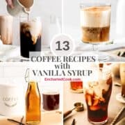 A collage of coffee drinks and vanilla simple syrup with text overlays.