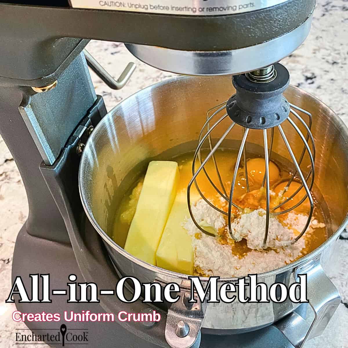All-in-One-Method: All of the ingredients are placed in a bowl and beaten together which creates a uniform crumb texture.