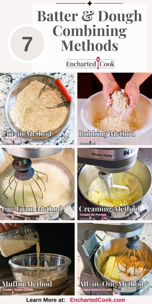 A collage of 6 images of batter or dough being combined with text overlays.