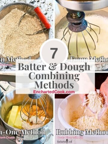 A collage of 4 images of batter or dough being combined with text overlays.