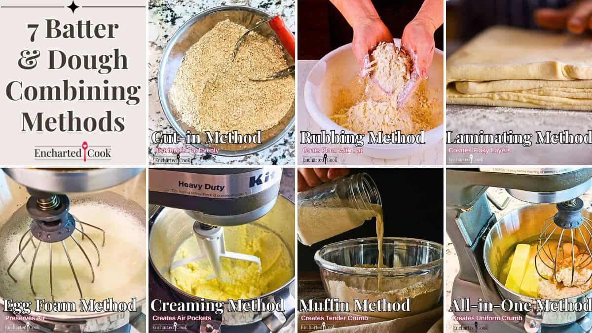 A collage of 7 images of batter or dough being combined with text overlays.