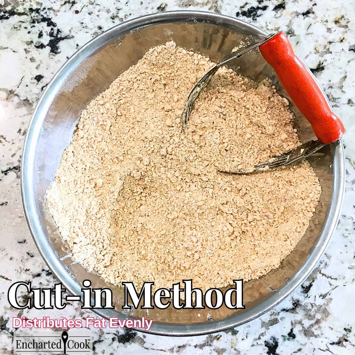 Cut-In-Method: Flour and fat are worked together with a pastry cutter, two knives or a fork to cut the fat into tiny pieces and cover them with flour to distribute the fat evenly.