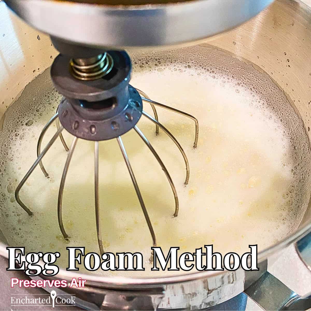 Egg Foam Method: Egg whites are beaten to incorporate air until they are foamy or stiff.