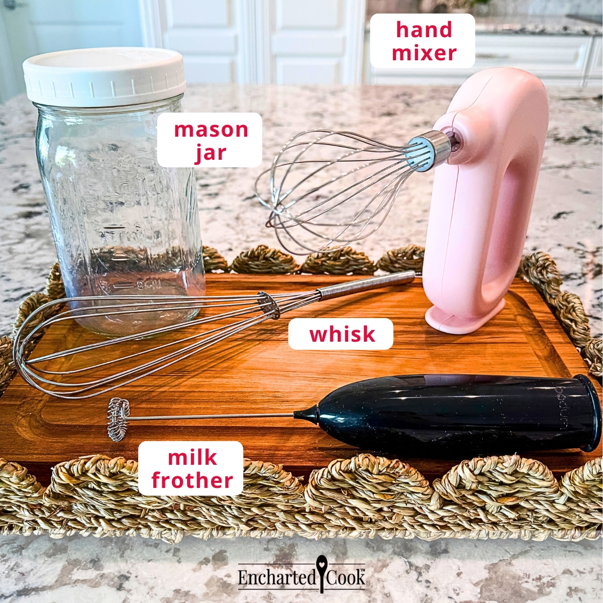 Cold foam equipment, clockwise from top left: mason jar, hand mixer, whisk, and a milk frother.
