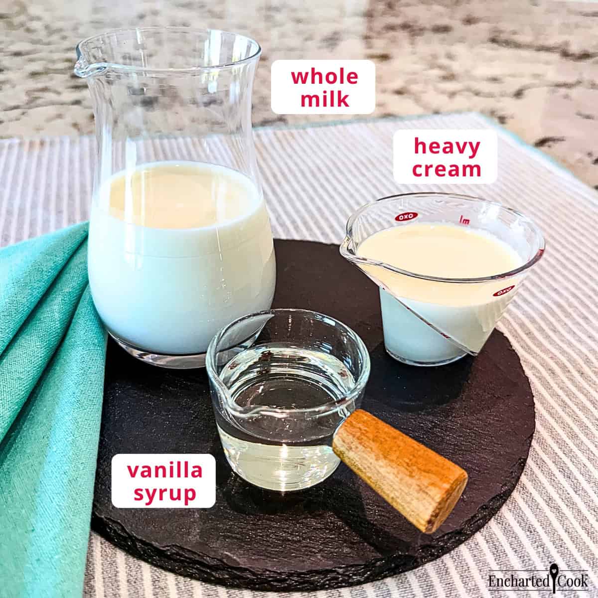 The ingredients, clockwise from top: whole milk, heavy cream, and vanilla syrup.