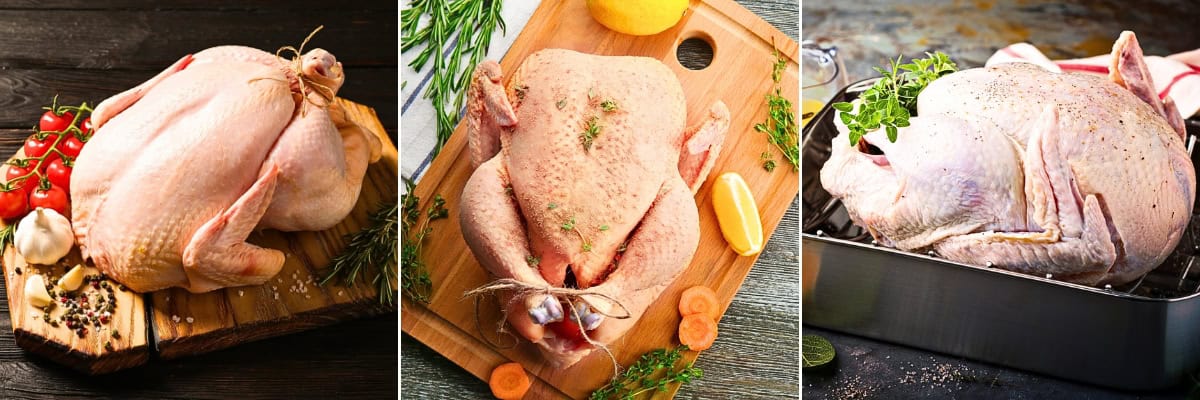 A Trio of images showing turkey being prepared for roasting.