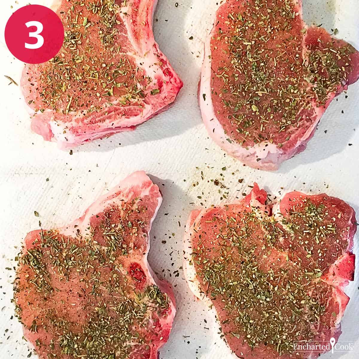 Process Photo 3 - Dry the pork chops well and season both sides with seasoned salt, black pepper, and Italian herbs.