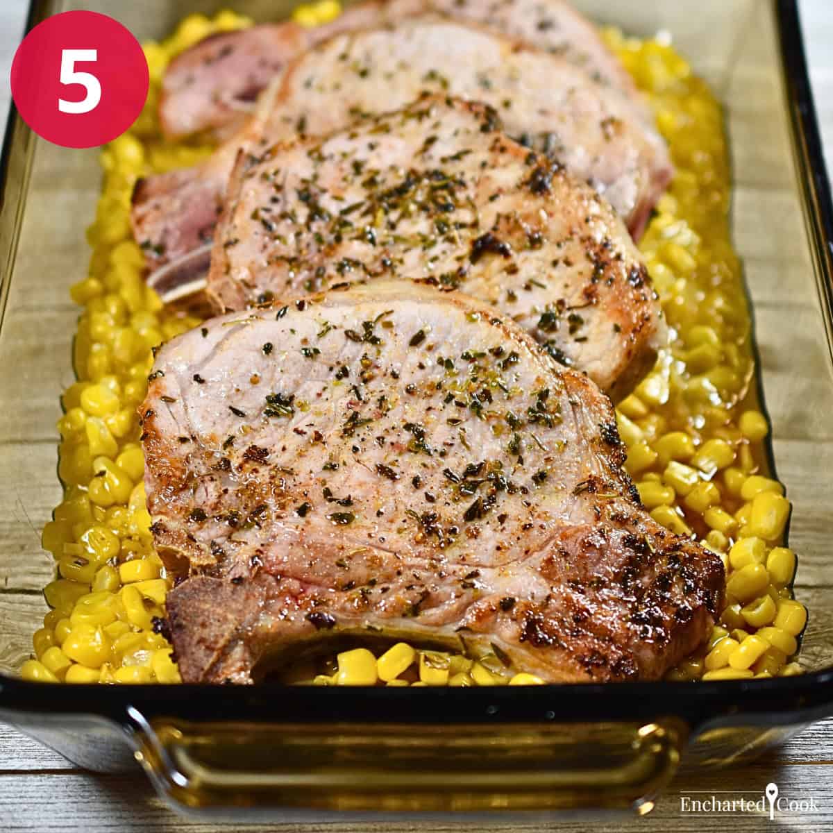 Process Photo 5 - Layer the pork chops with the creamed corn mixture in the prepared baking dish.