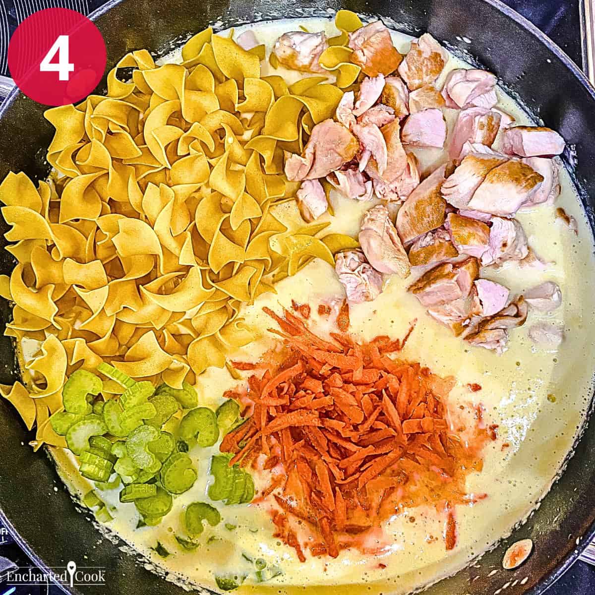Step 4 - Add the noodles, vegetables, and chicken to the soup base.
