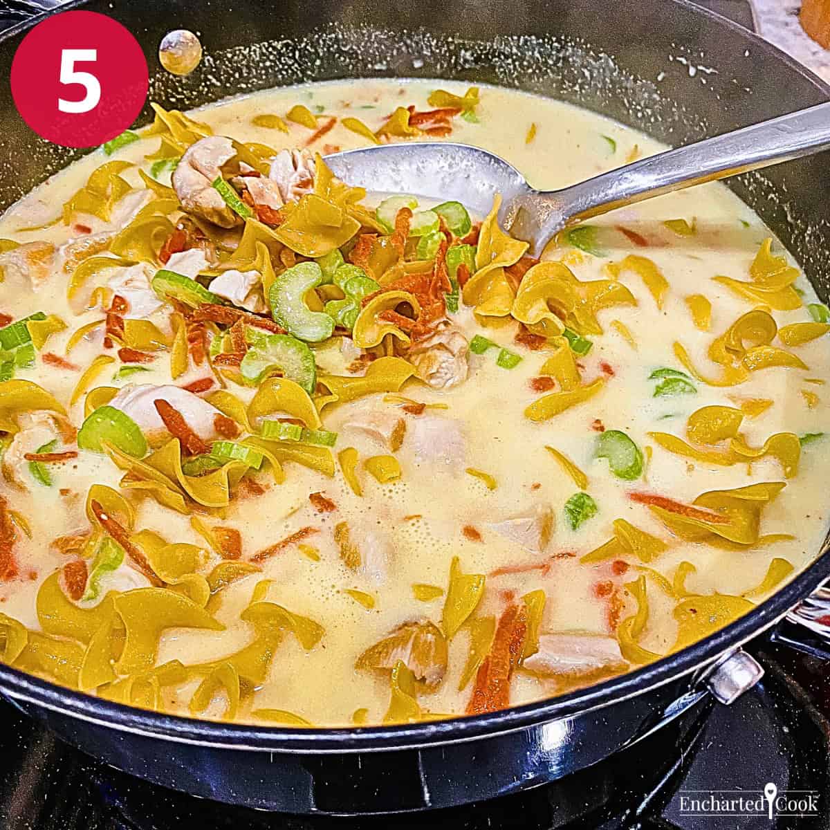Step 5 - Simmer the soup until the noodles and chicken are fully cooked.