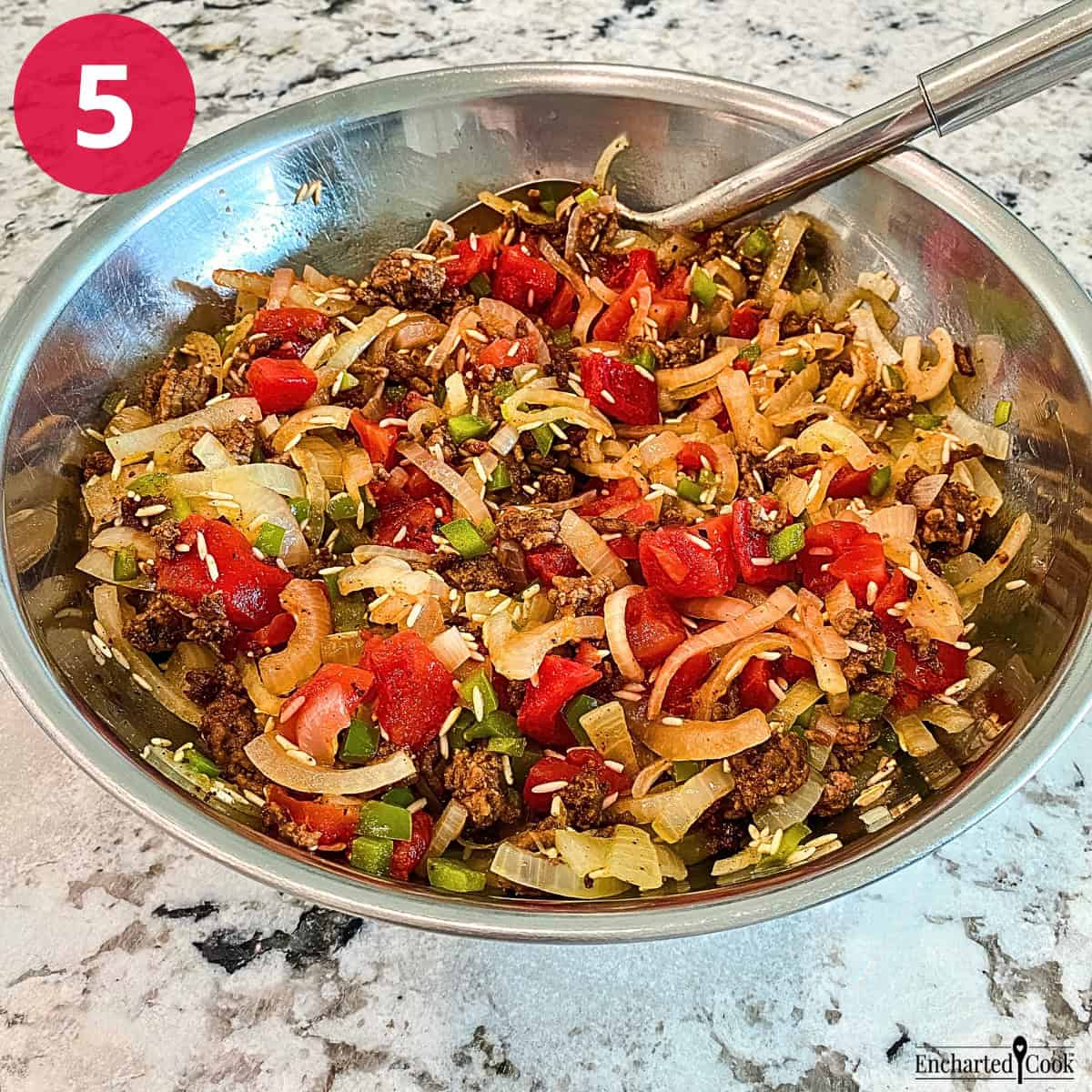 Process Photo 5 - Add the tomatoes to the cooked aromatics and seasoned ground beef with rice in a large bowl and combine well.